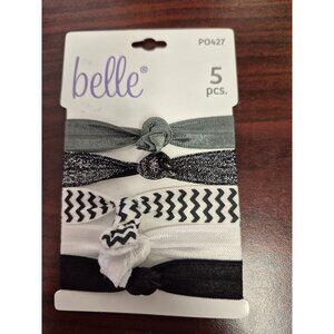 Belle Elastic Hair Ties 5-Piece Set In Black White & Gray Chevron Patterns